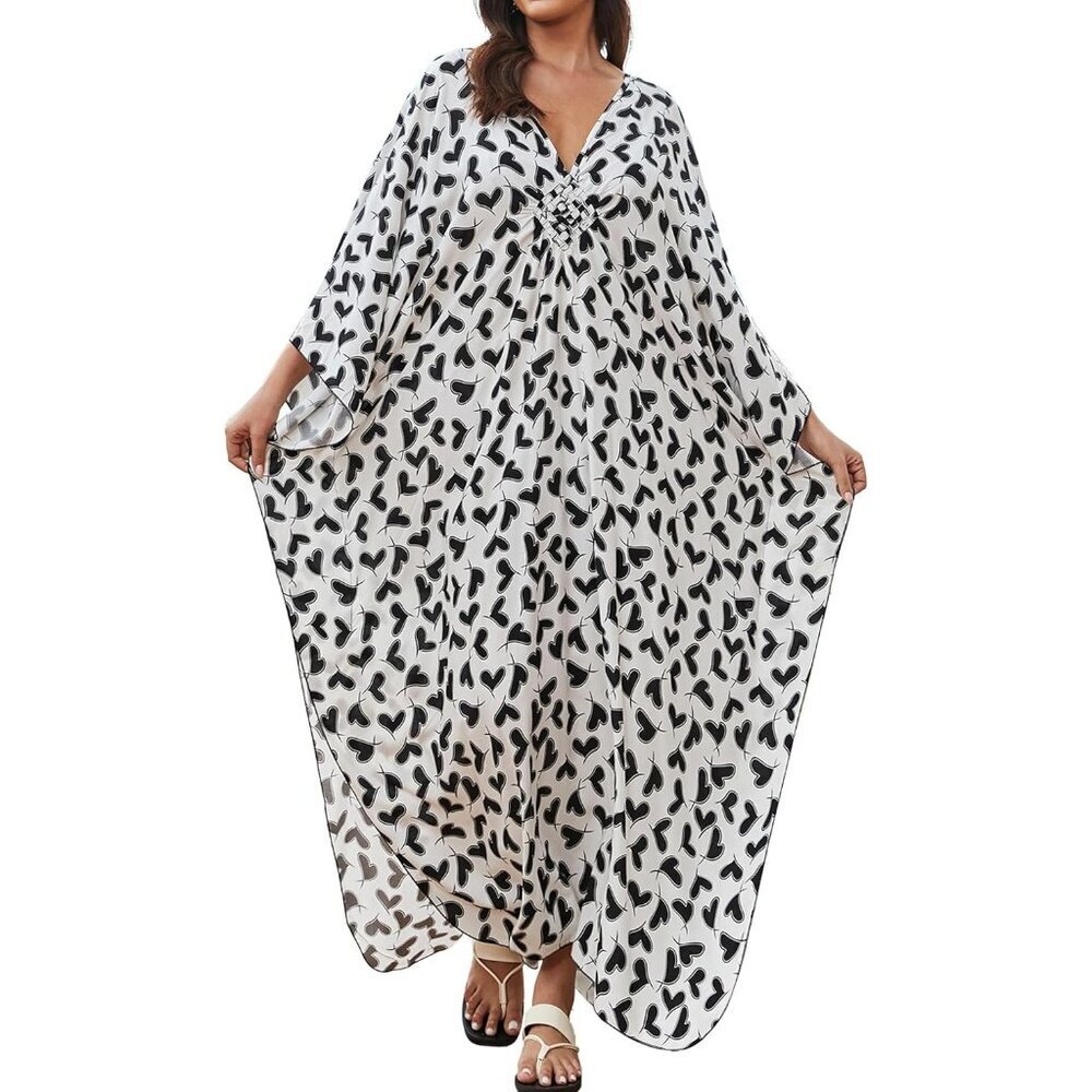 Women White Base With Hearts V-neck Sleeve Flowy Split Hem Bohemian Kaftan Dress
